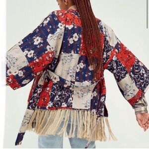 New FREE PEOPLE Cherry Blossom Patchwork Kimono Red Blue Cream Fringe Belt